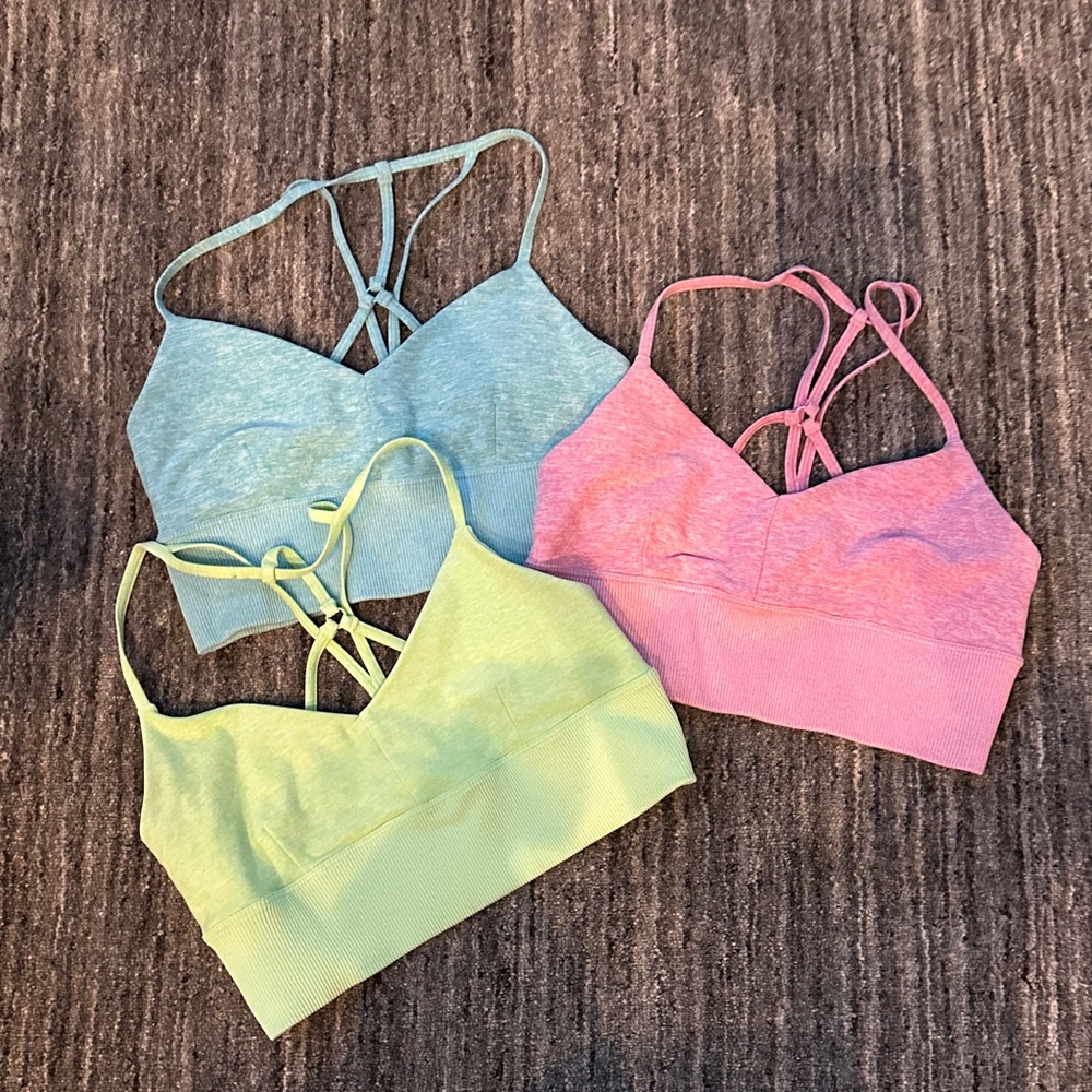 ALO Yoga: Alosoft Lavish, Strappy Sports Bra Trio - Blue, Green, Pink
